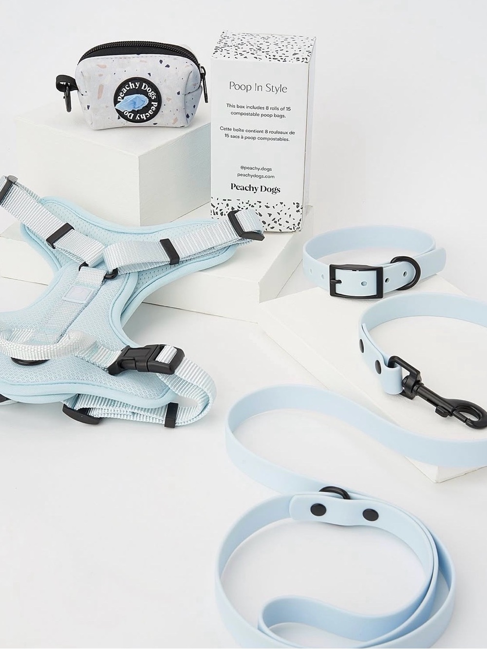 Soft Light Blue Dog Harness, Collar & Leash Set